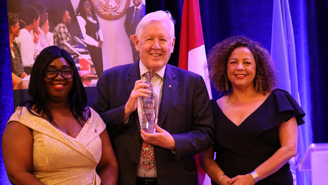 OEDD 3 individuals Candies, Bob Rae and Jacqui posting with an award at the OEDD Global DIplomacy Summit 2026