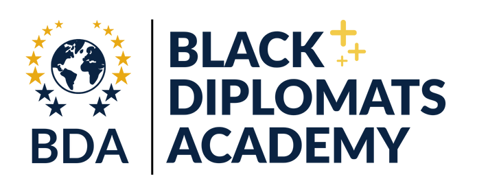 Logo of Black Diplomats Academy with a world map and stars on a white background