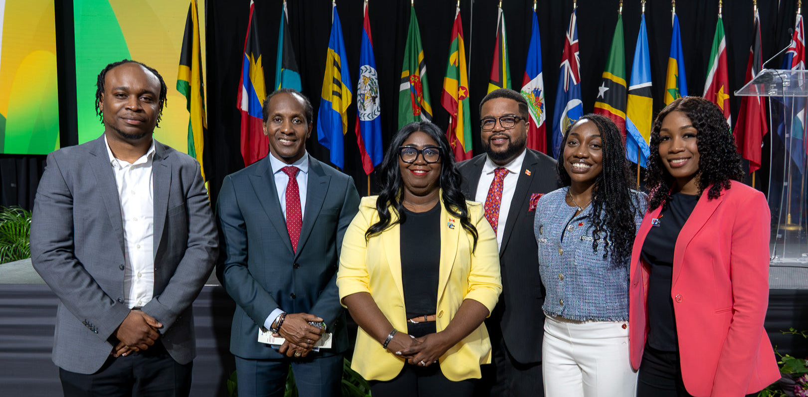 Group of six people posing in front of a backdrop of various flags.